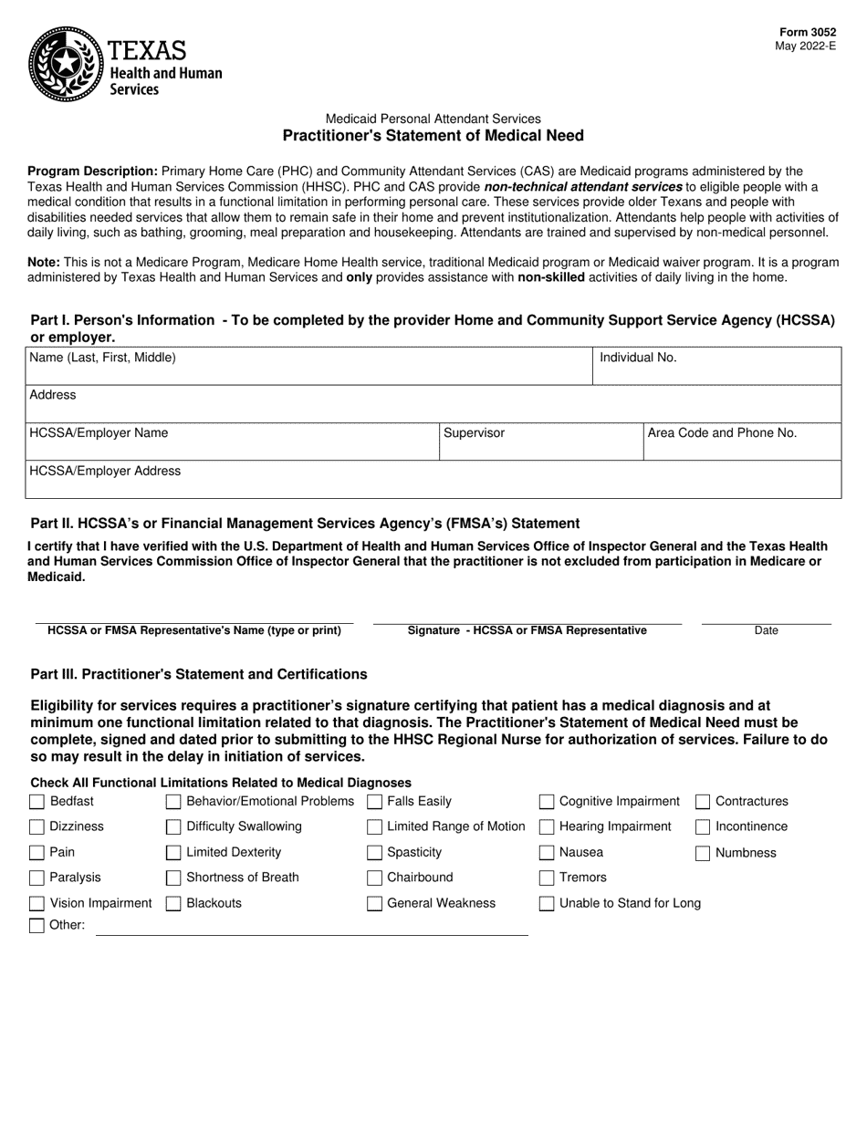 Form 3052 Practitioners Statement of Medical Need - Texas, Page 1