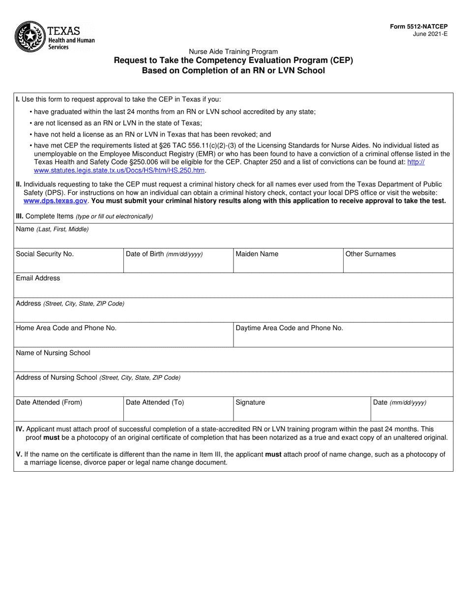 Form 5512-NATCEP Based on Completion of an Rn or Lvn School - Request to Take the Competency Evaluation Program (Cep) - Texas, Page 1