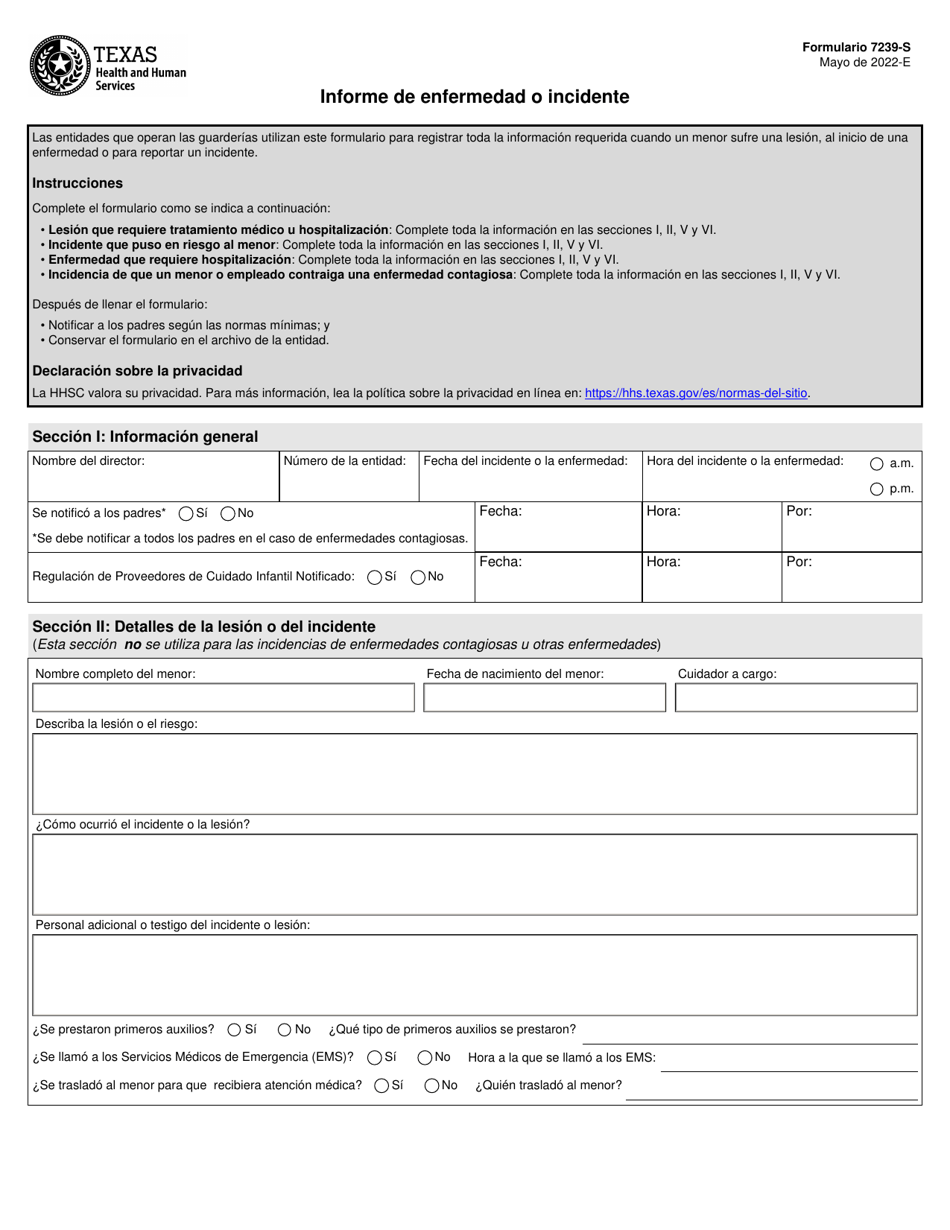 Formulario 7239-S Informe De Enfermedad O Incidente - Texas (Spanish), Page 1