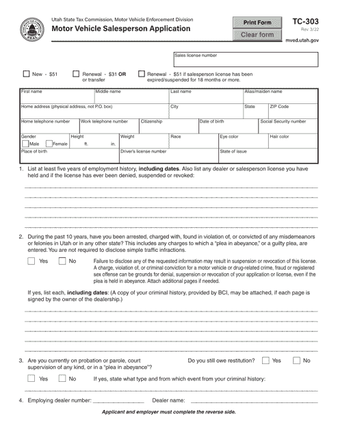 Form TC-303 Motor Vehicle Salesperson Application - Utah