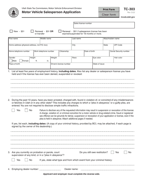 Form TC-303  Printable Pdf