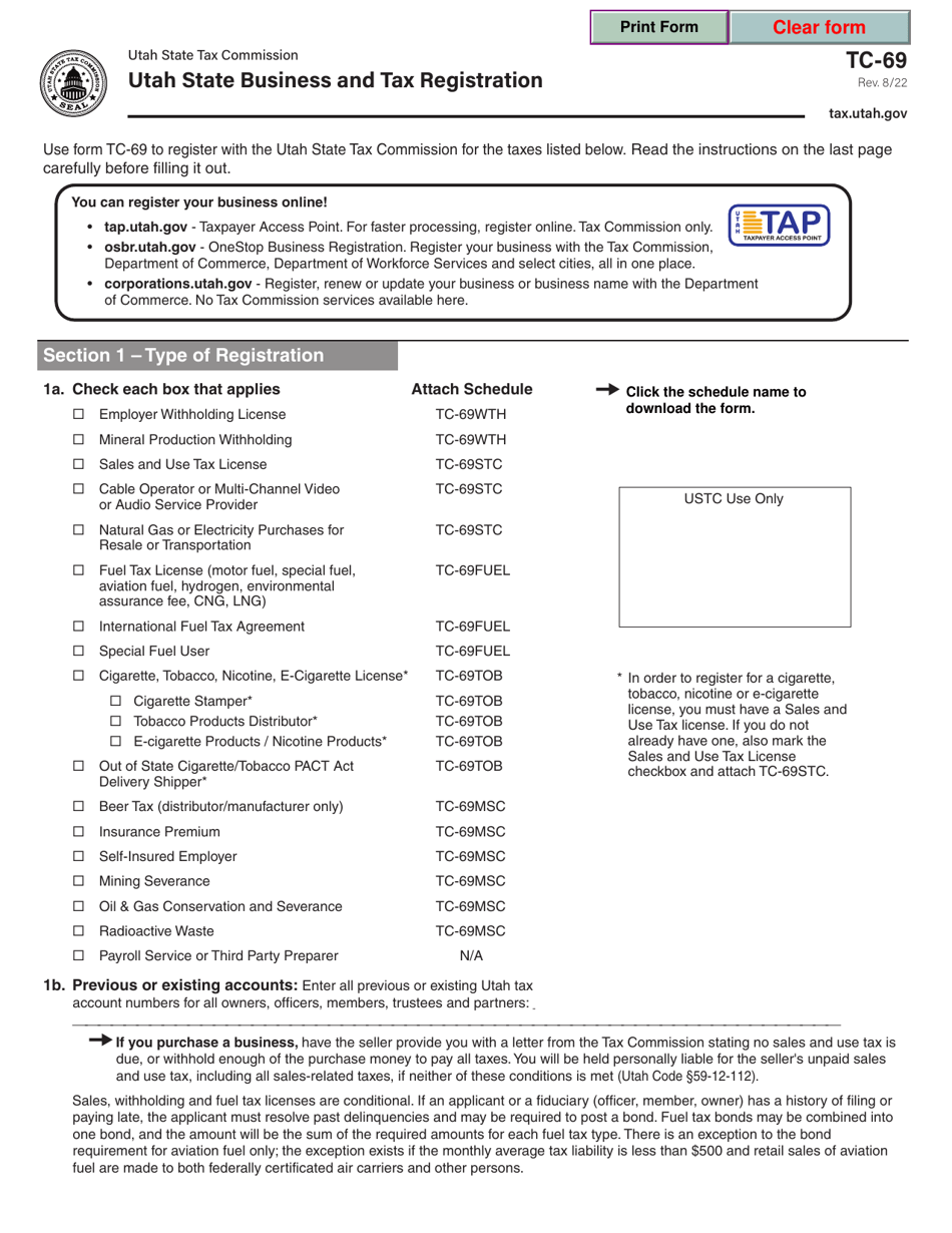 Form TC-69 Utah State Business and Tax Registration - Utah, Page 1