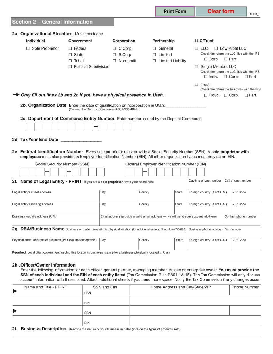 Form TC-69 Download Fillable PDF or Fill Online Utah State Business and ...