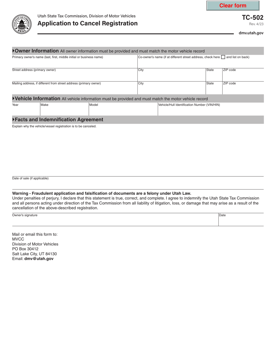 Form TC-502 Application to Cancel Registration - Utah, Page 1