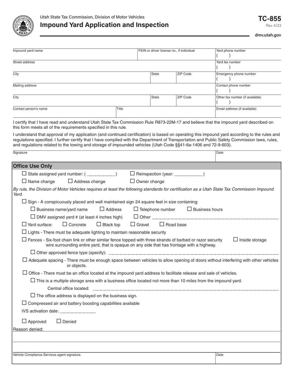 Form TC-855 Impound Yard Application and Inspection - Utah, Page 1