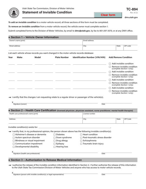 Form TC-894 Statement of Invisible Condition - Utah