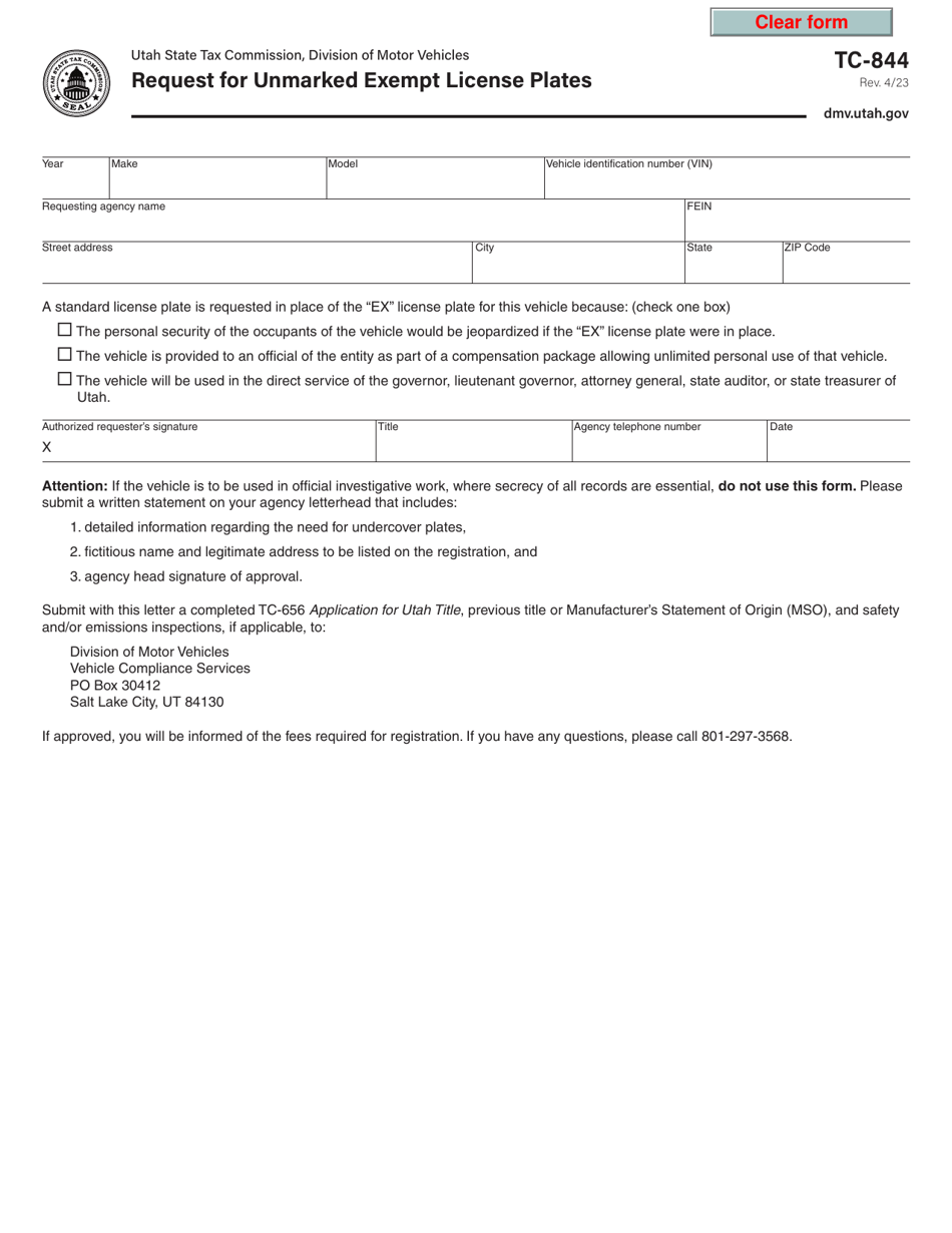 Form TC-844 Request for Unmarked Exempt License Plates - Utah, Page 1