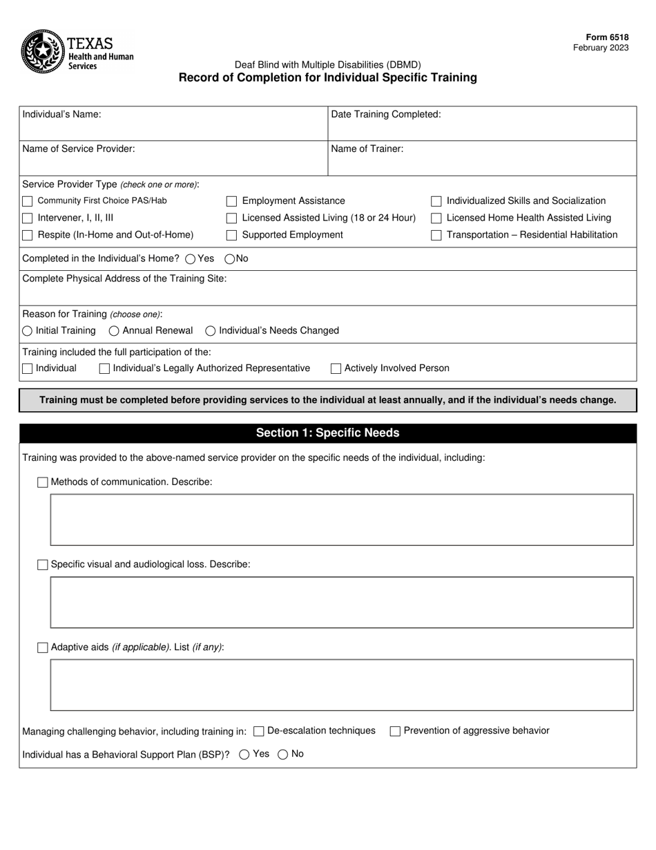 Form 6518 Record of Completion for Individual Specific Training - Texas, Page 1