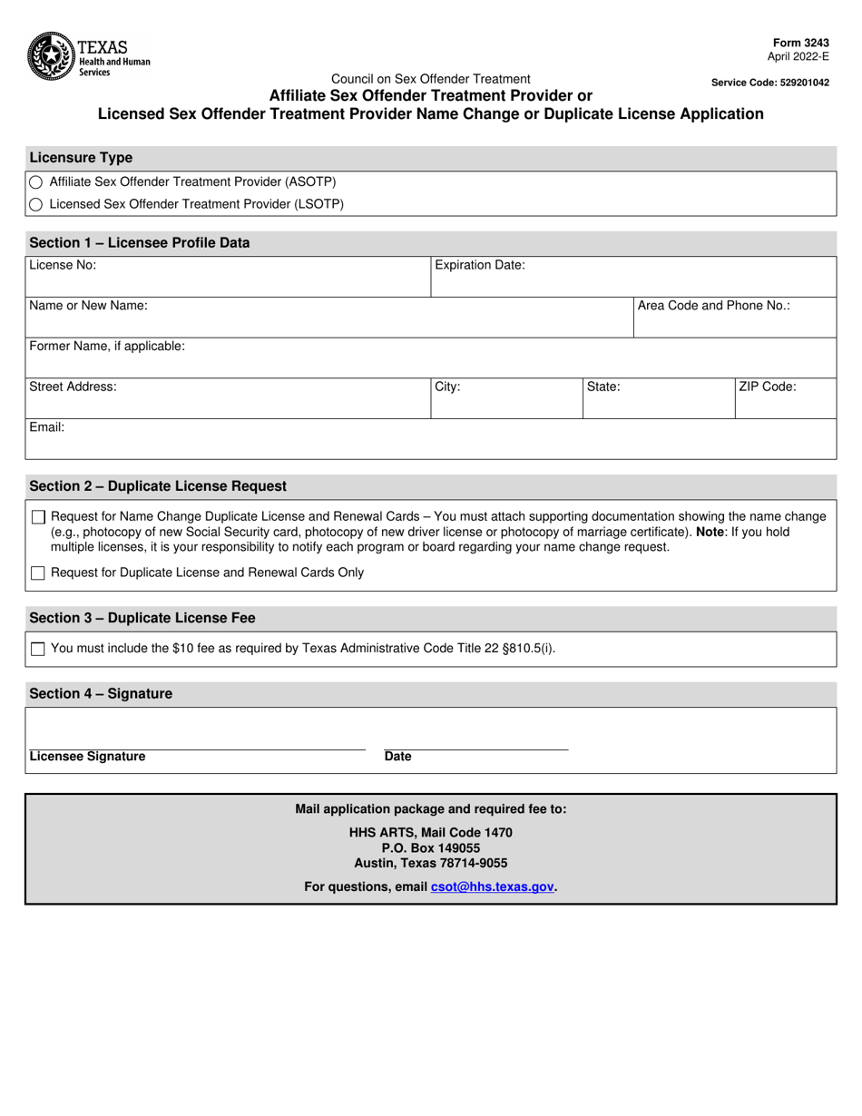 Form 3243 Affiliate Sex Offender Treatment Provider or Licensed Sex Offender Treatment Provider Name Change or Duplicate License Application - Texas, Page 1