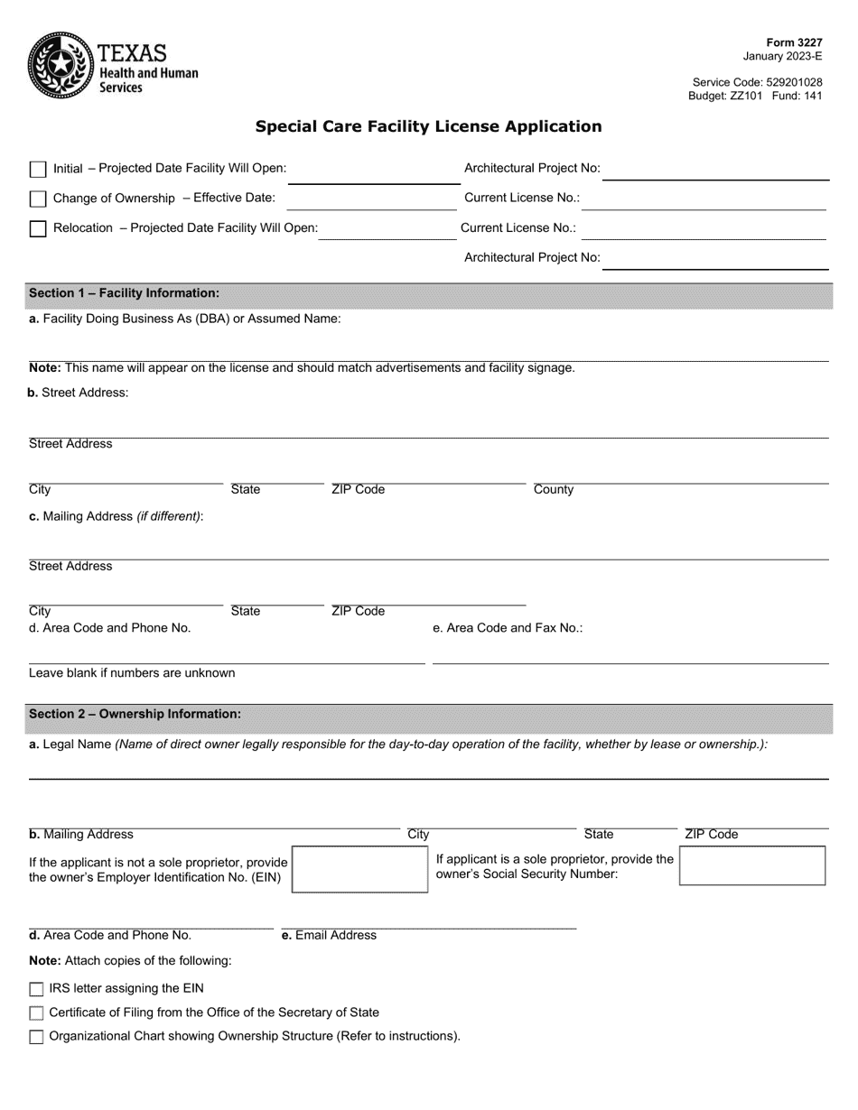 Form 3227 Special Care Facility License Application - Texas, Page 1