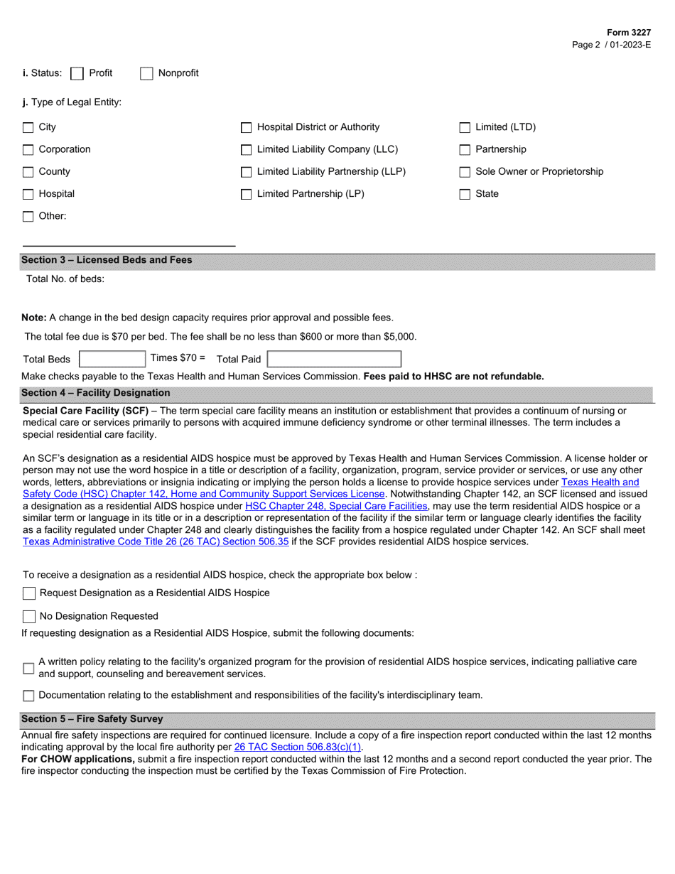 Form 3227 Special Care Facility License Application - Texas, Page 2