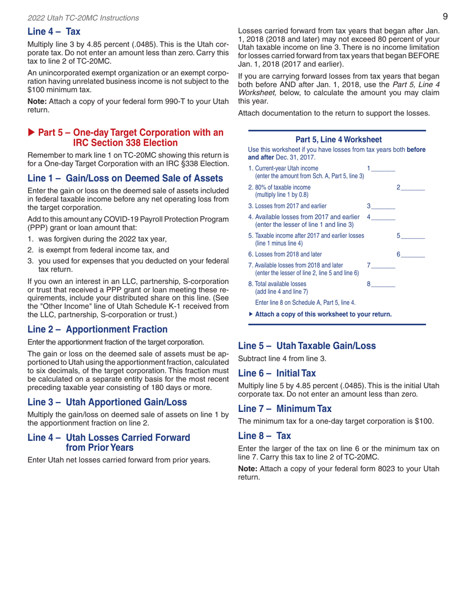 Download Instructions for Form TC20MC Utah Tax Return for