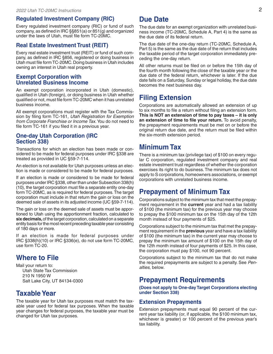 Download Instructions for Form TC20MC Utah Tax Return for