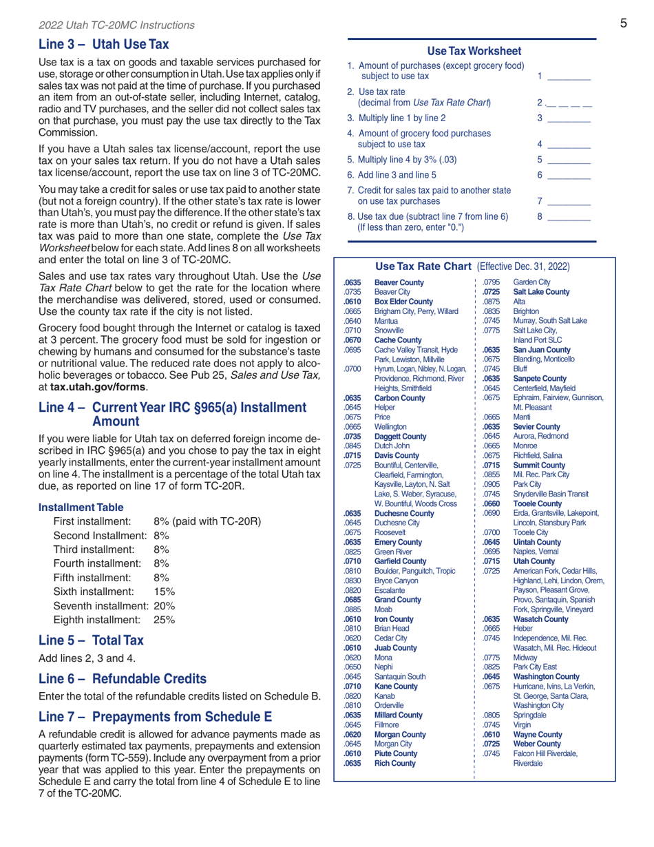 Download Instructions for Form TC20MC Utah Tax Return for
