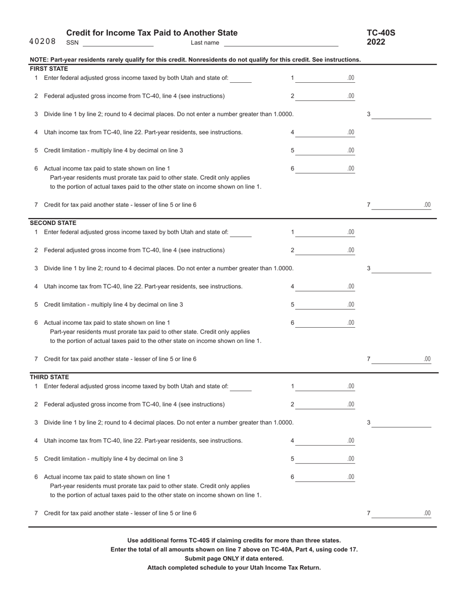 Form Tc 40s Download Fillable Pdf Or Fill Online Credit For Income Tax Paid To Another State 1432