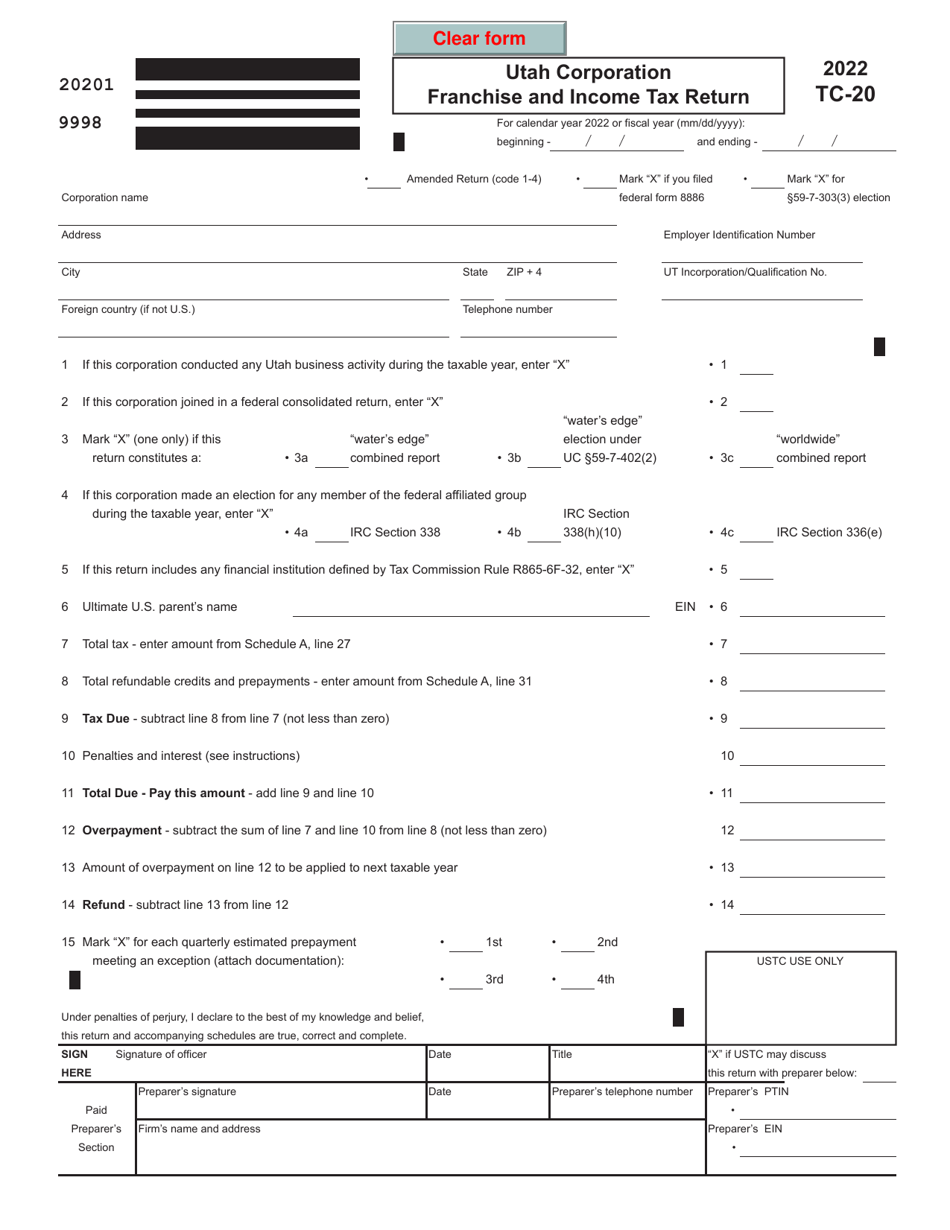 Form TC-20 Utah Corporation Franchise and Income Tax Return - Utah, Page 1