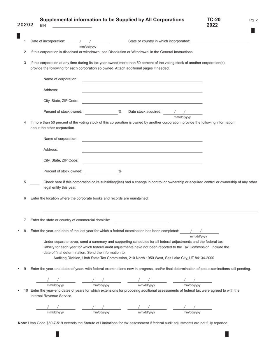 Form TC-20 Utah Corporation Franchise and Income Tax Return - Utah, Page 2