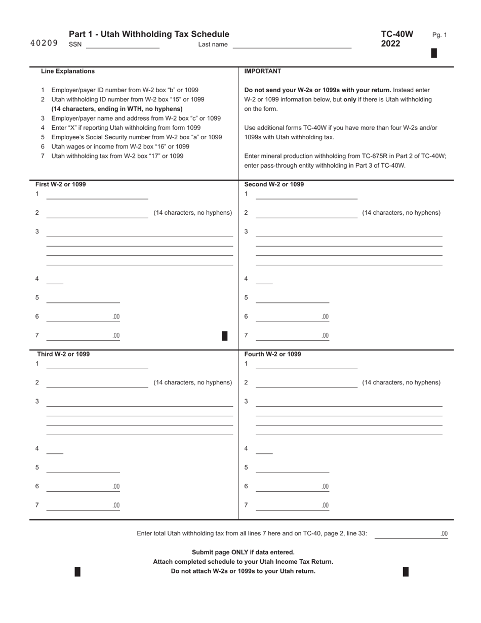 Form TC-40W Utah Withholding Tax Schedule - Utah, Page 1