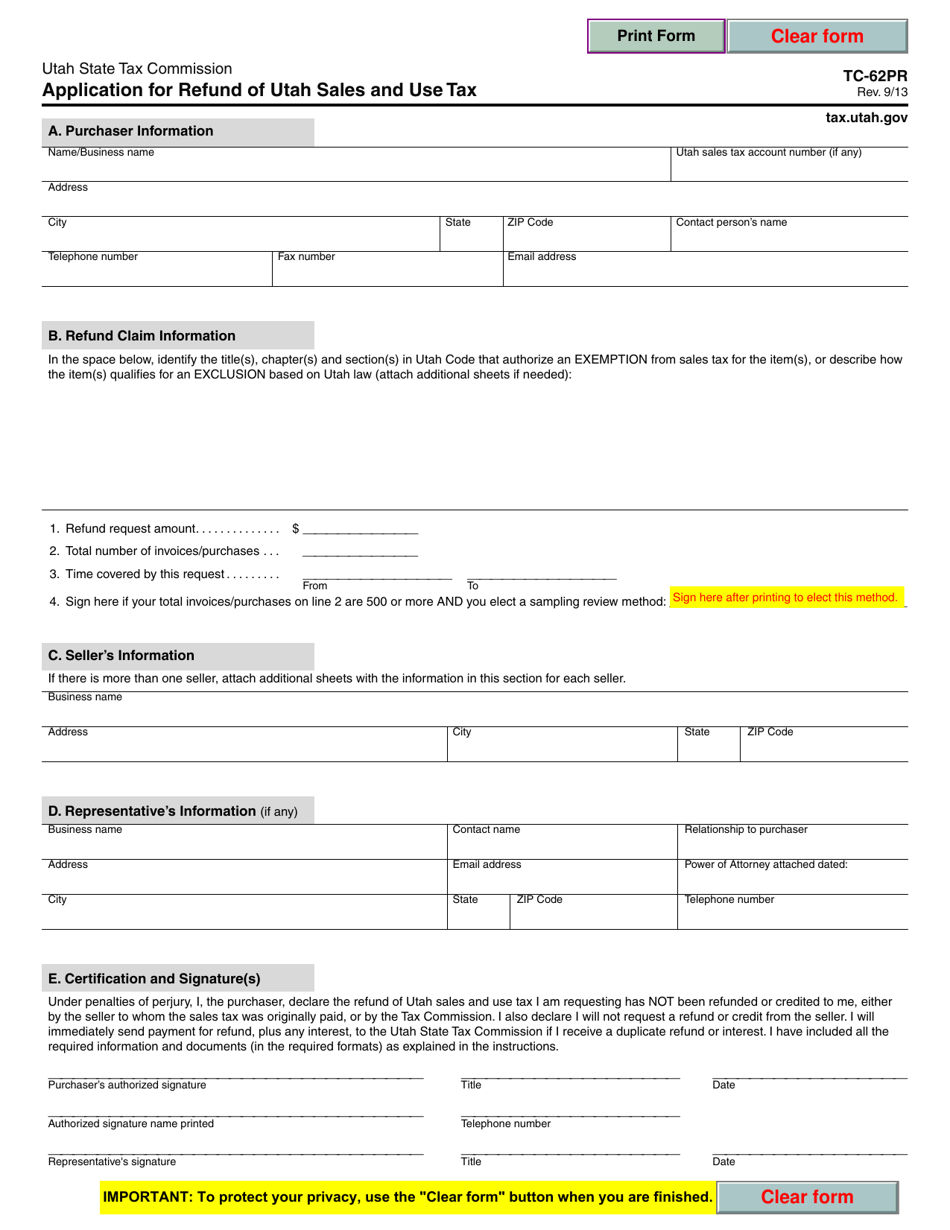 Form TC-62PR Application for Refund of Utah Sales and Use Tax - Utah, Page 1