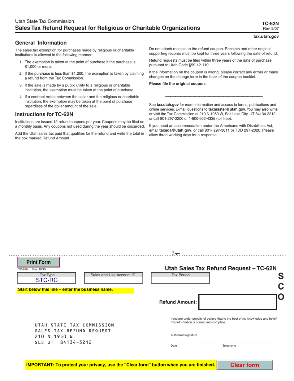 Form TC-62N Sales Tax Refund Request for Religious or Charitable Organizations - Utah, Page 1