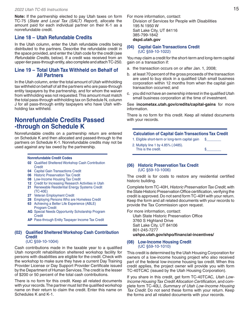 Instructions for Form TC-65 Utah Partnership / Limited Liability Partnership / Limited Liability Company Return of Income - Utah, Page 17
