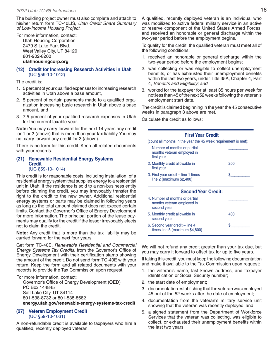 Instructions for Form TC-65 Utah Partnership / Limited Liability Partnership / Limited Liability Company Return of Income - Utah, Page 18
