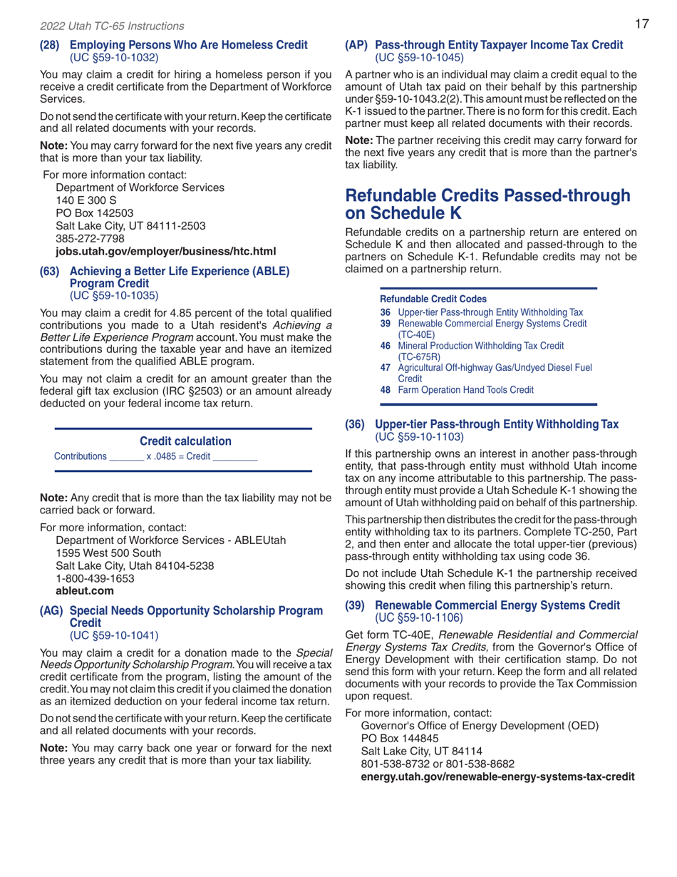 Instructions for Form TC-65 Utah Partnership / Limited Liability Partnership / Limited Liability Company Return of Income - Utah, Page 19
