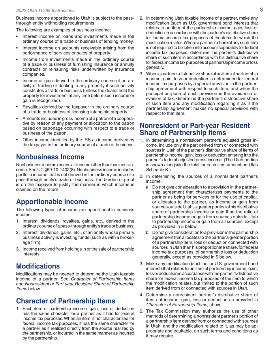 Instructions for Form TC-65 Utah Partnership / Limited Liability Partnership / Limited Liability Company Return of Income - Utah, Page 5