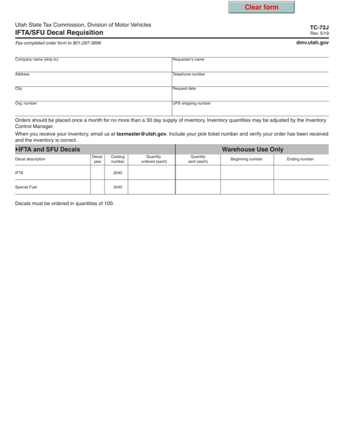 Form TC-72J Ifta/Sfu Decal Requisition - Utah