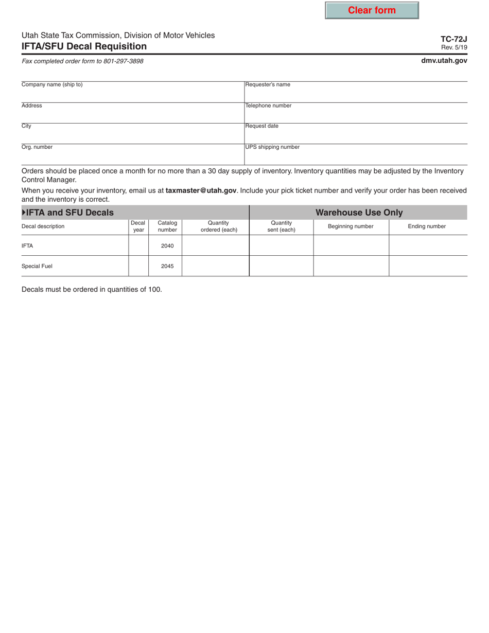 Form TC-72J Ifta / Sfu Decal Requisition - Utah, Page 1