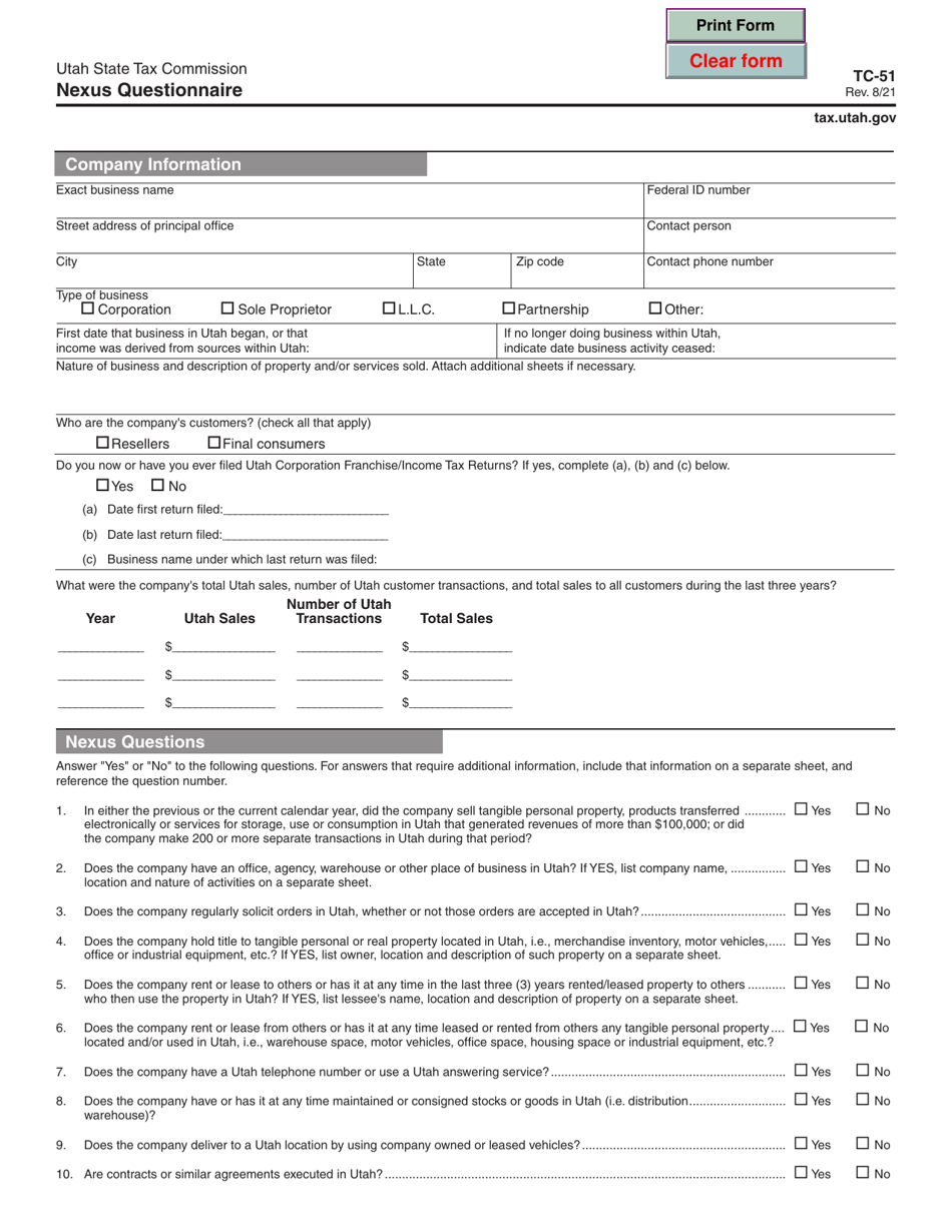 Form TC-51 Nexus Questionnaire - Utah, Page 1