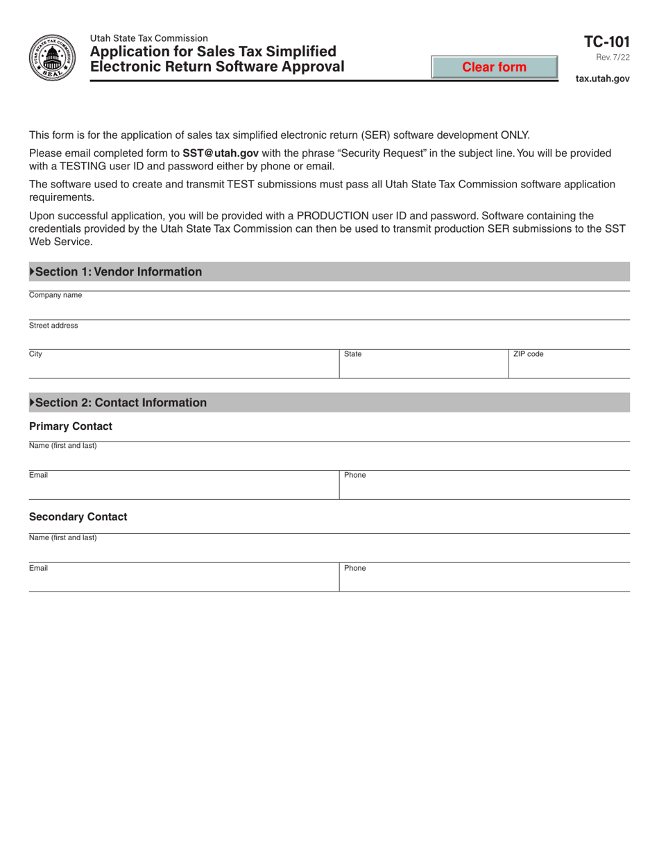 Form TC-101 Application for Sales Tax Simplified Electronic Return Software Approval - Utah, Page 1