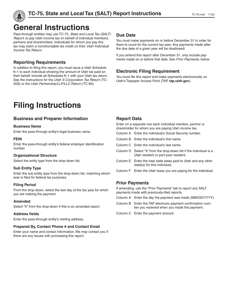 Download Instructions for Form TC75 State and Local Tax (Salt) Report