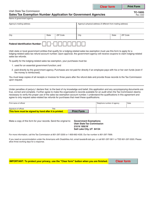 Form TC-160G Sales Tax Exemption Number Application for Government Agencies - Utah