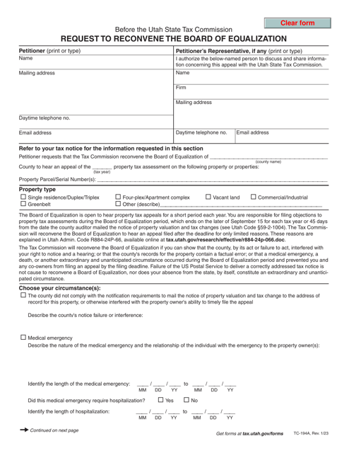 Form TC-194A Request to Reconvene the Board of Equalization - Utah