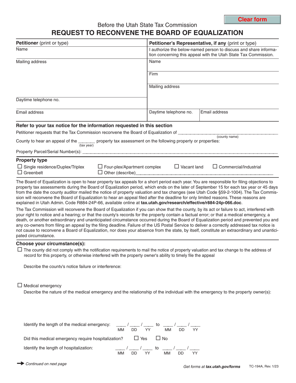 Form TC194A Download Fillable PDF or Fill Online Request to Reconvene