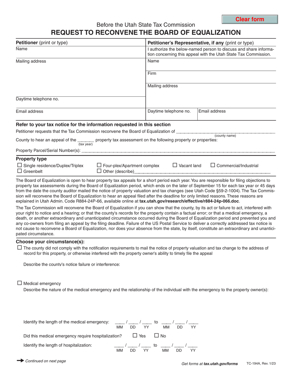 Form TC-194A Request to Reconvene the Board of Equalization - Utah, Page 1