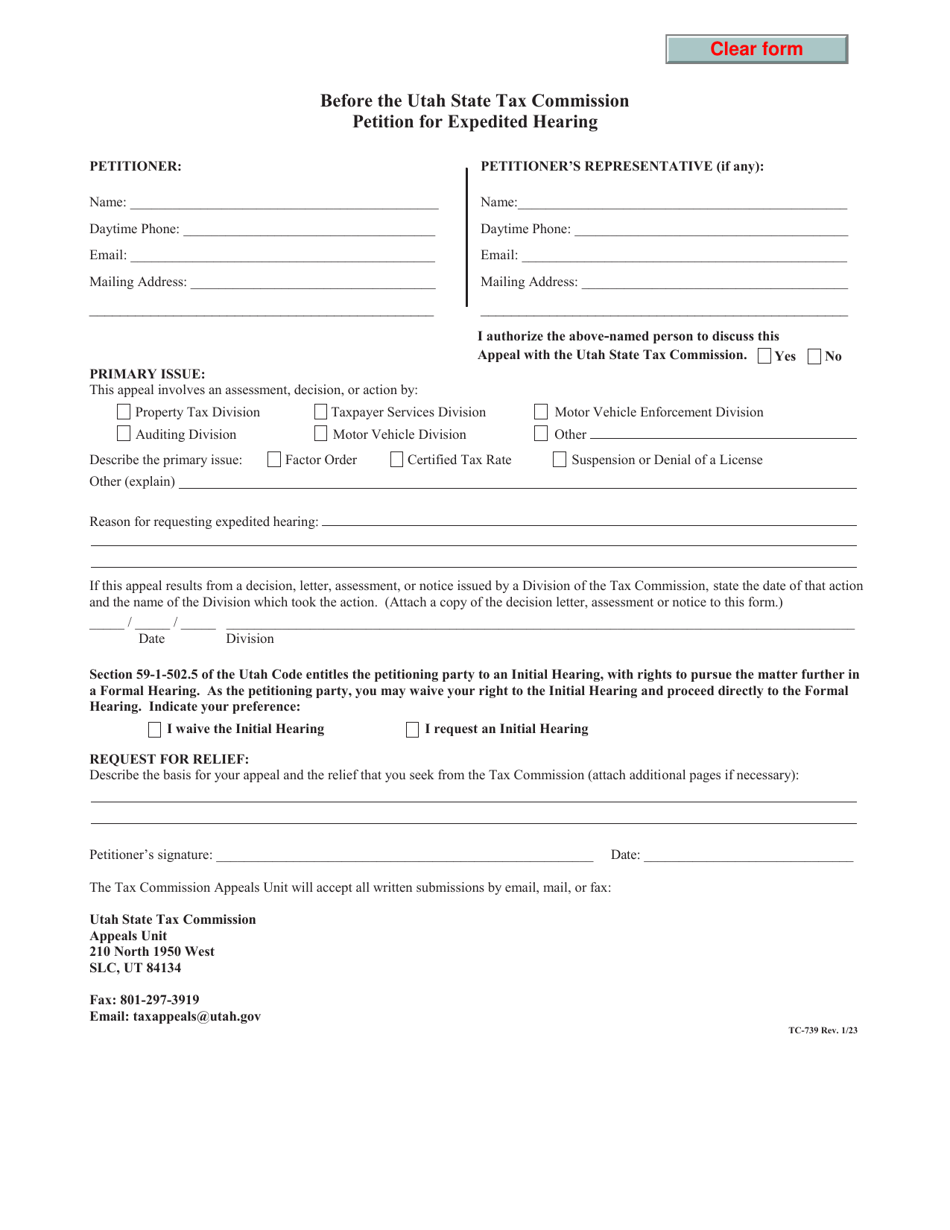 Form TC-739 Petition for Expedited Hearing - Utah, Page 1