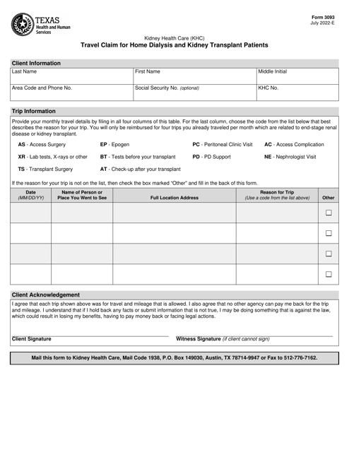 Form 3093 Travel Claim for Home Dialysis and Kidney Transplant Patients - Texas