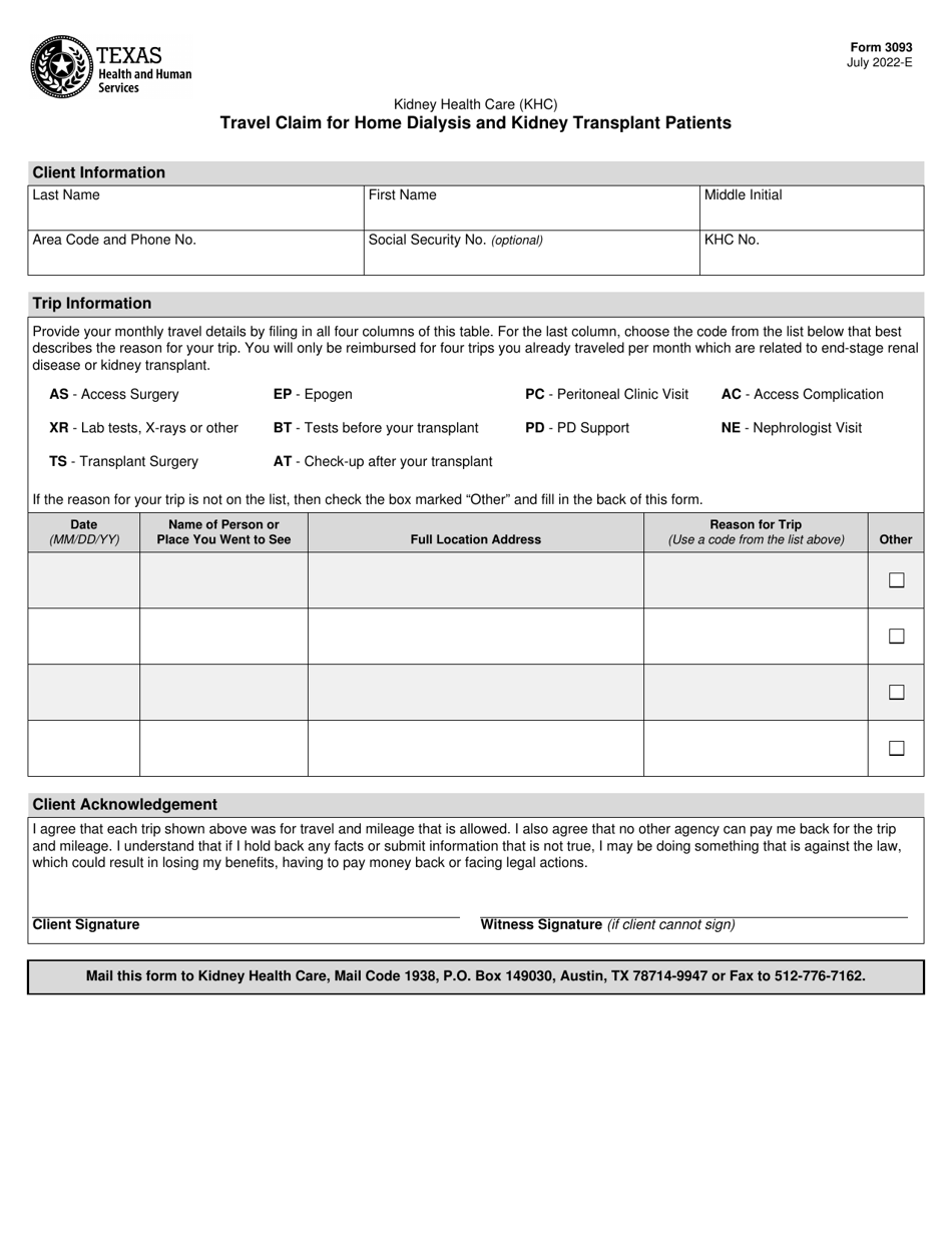 Form 3093 Travel Claim for Home Dialysis and Kidney Transplant Patients - Texas, Page 1