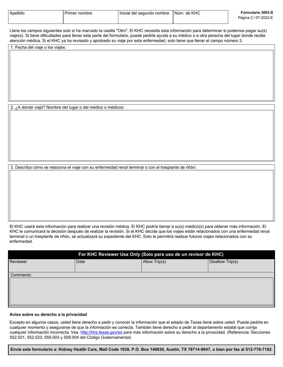 Formulario 3093-S Solicitud De Pago De Transporte Para Pacientes De Dialisis En Casa Y Trasplante De Rinon - Texas (Spanish), Page 2