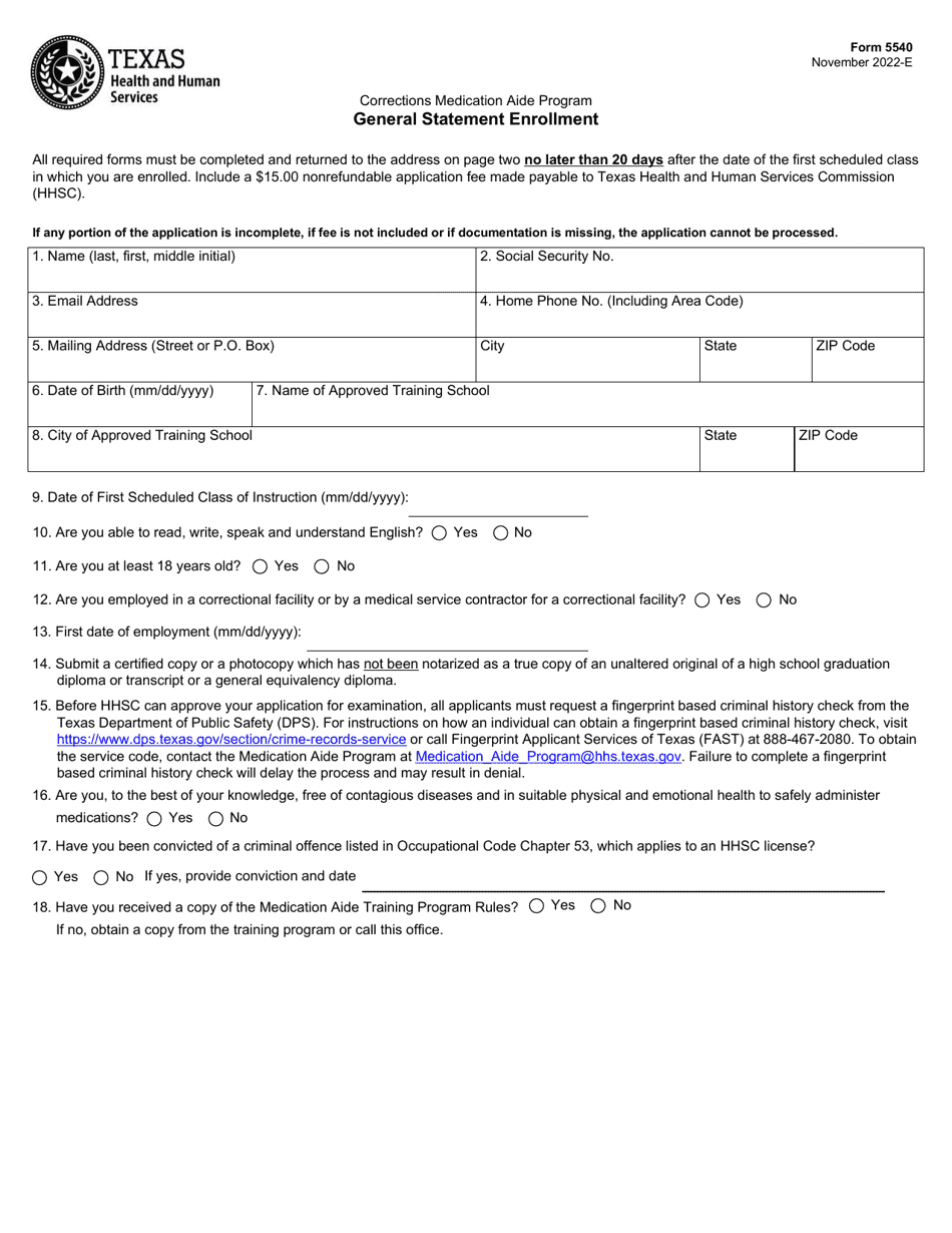 Form 5540 General Statement Enrollment - Texas, Page 1