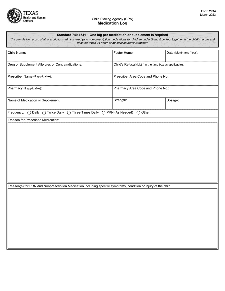 Form 2994 Child Placing Agency (CPA) Medication Log - Texas, Page 1