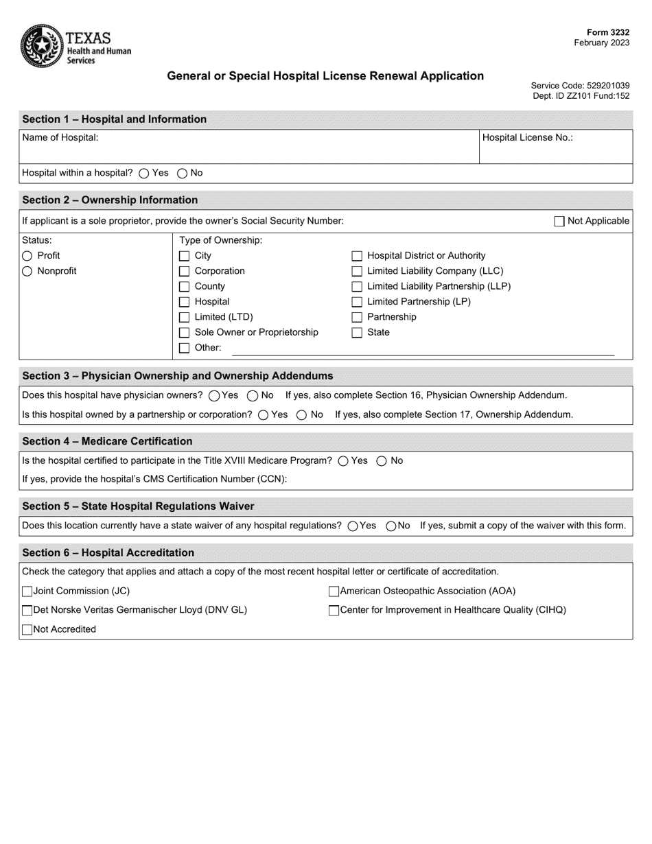 Form 3232 Download Fillable PDF or Fill Online General or Special Hospital License Renewal