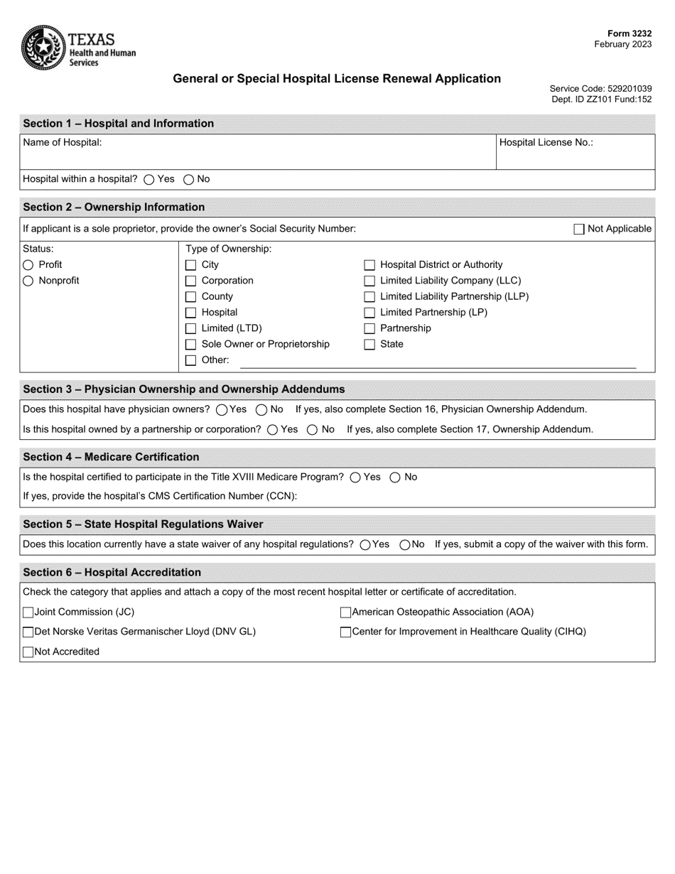 Form 3232 General or Special Hospital License Renewal Application - Texas, Page 1