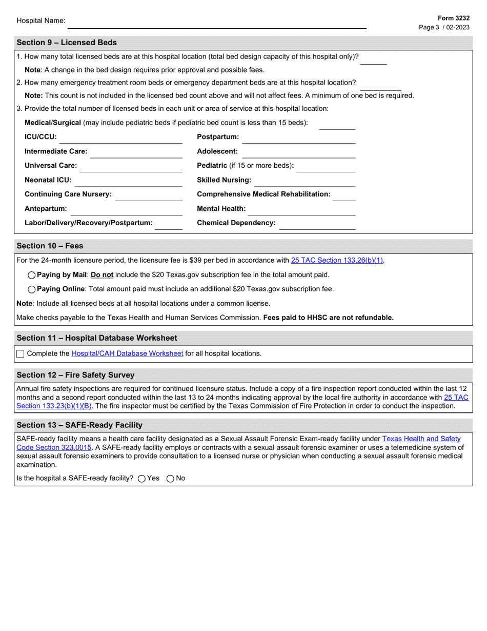 Form 3232 General or Special Hospital License Renewal Application - Texas, Page 3