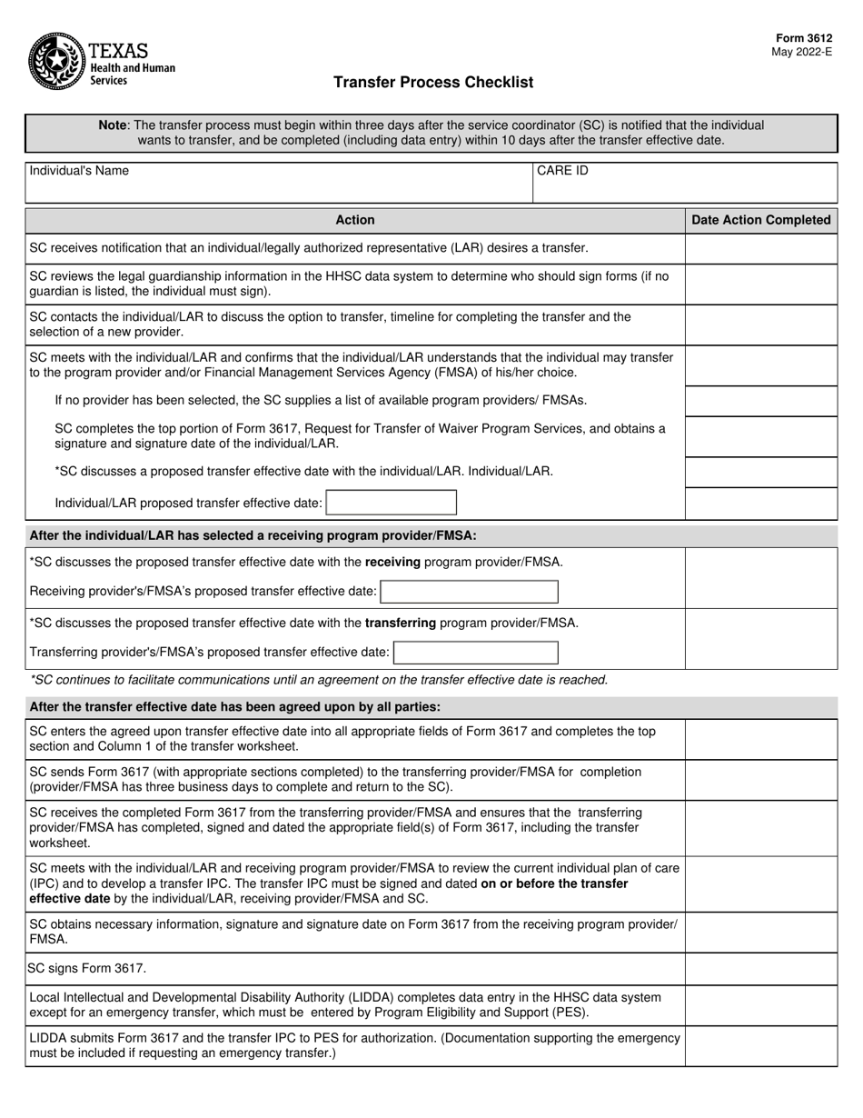 Form 3612 Transfer Process Checklist - Texas, Page 1