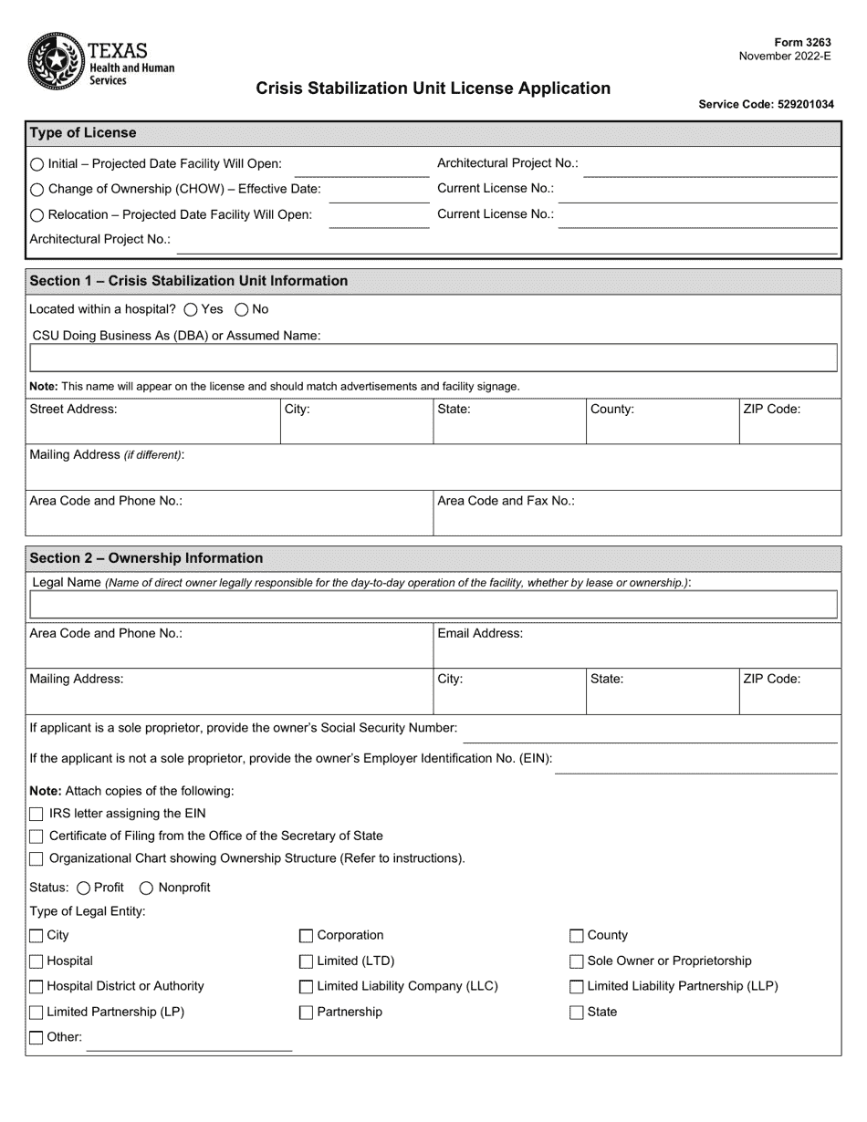 Form 3263 Crisis Stabilization Unit License Application - Texas, Page 1