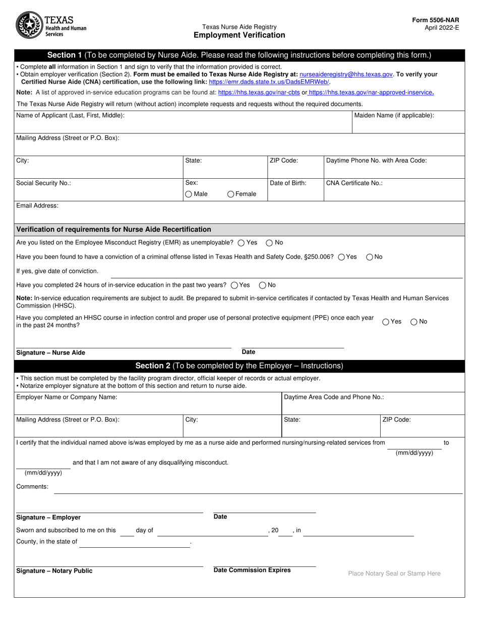 Form 5506 NAR Download Fillable PDF Or Fill Online Employment   Form 5506 Nar Employment Verification Texas Print Big 