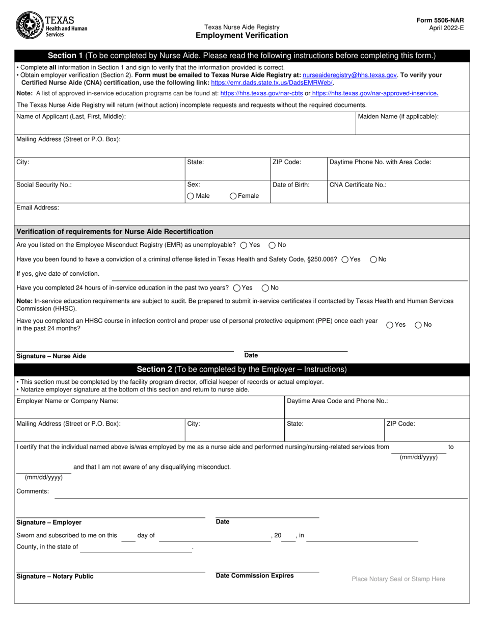 Form 5506-NAR Employment Verification - Texas, Page 1